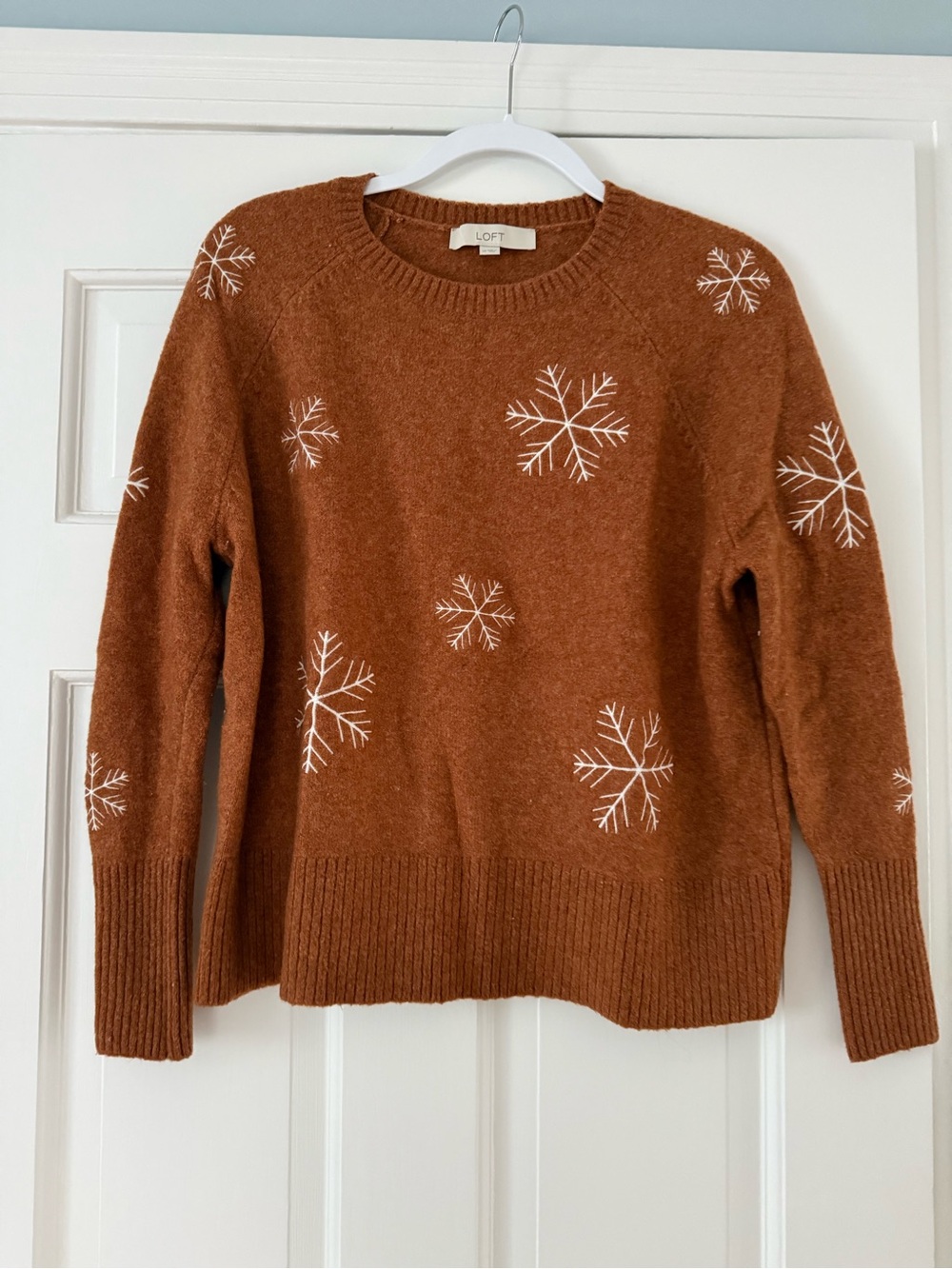 LOFT Rust Orange Crewneck Sweater with White Snowflake Motifs